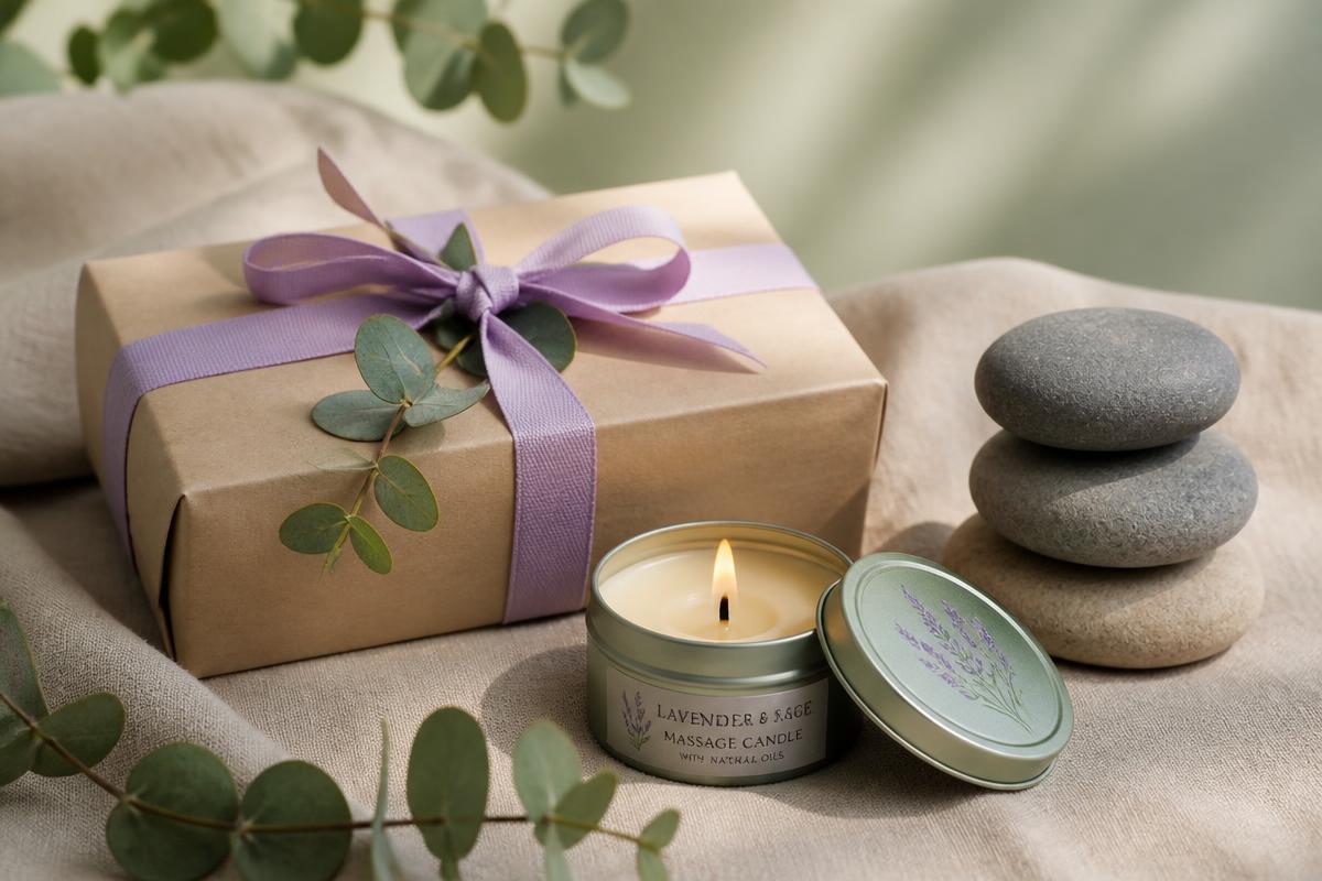 Vale-Presente Amana com embalagem artesanal, vela de massagem e pedras quentes